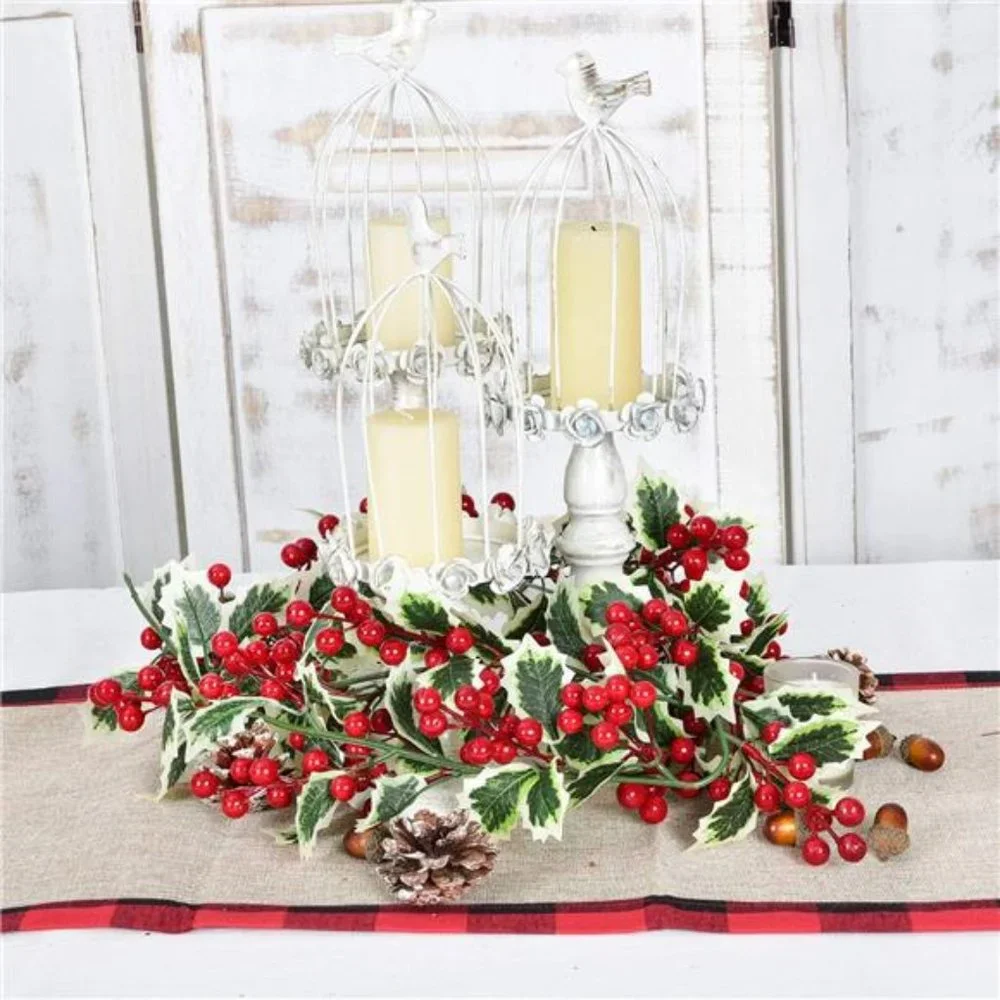 6Ft Red Berry Christmas Garland with Green Leaves, Flexible Artificial